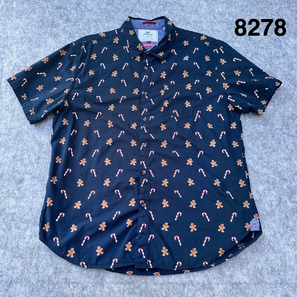 MBX Premium Goods Men XL Blue Gingerbread Candy Cane Christmas Button Down Shirt